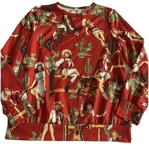 Cowgirl Red Pullover Polyester Size Large Long Sleeve Western Graphic Pullover